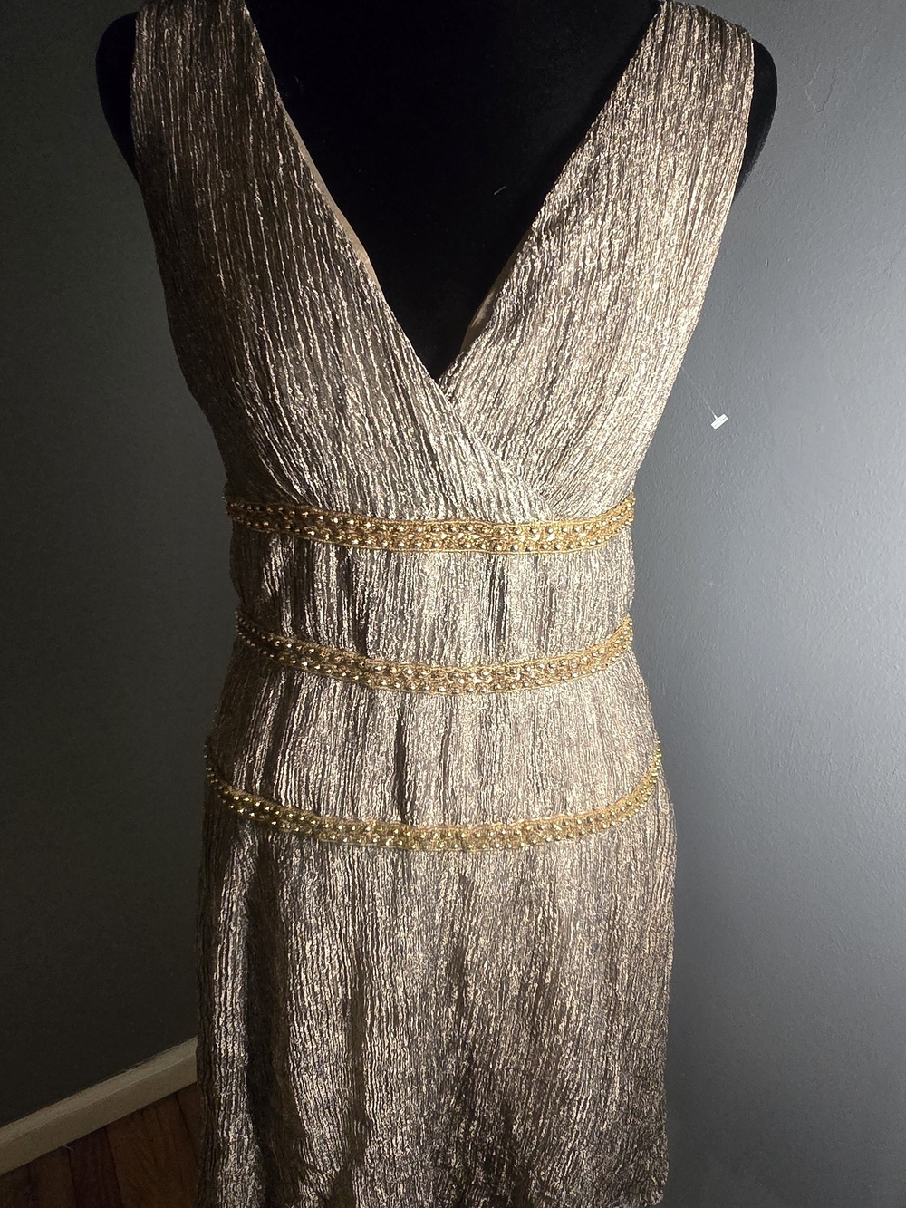 Talbots Gold Metallic V-Neck Dress with Beaded Waist Accents